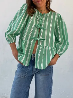 3/4 Sleeve Solid Color/Striped Retro Fashion Loose Tops Casual Blouse