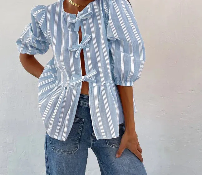 3/4 Sleeve Solid Color/Striped Retro Fashion Loose Tops Casual Blouse