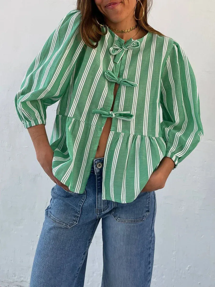 3/4 Sleeve Solid Color/Striped Retro Fashion Loose Tops Casual Blouse