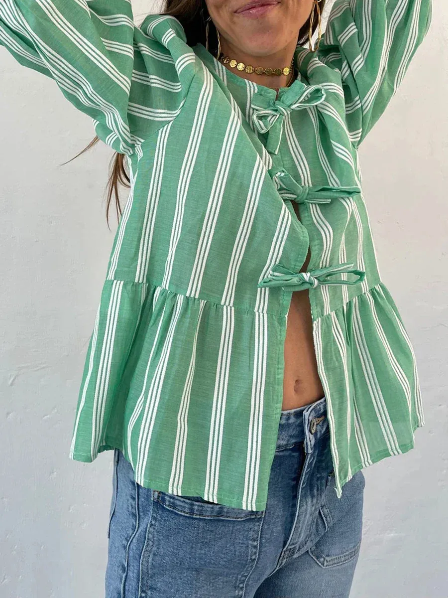 3/4 Sleeve Solid Color/Striped Retro Fashion Loose Tops Casual Blouse