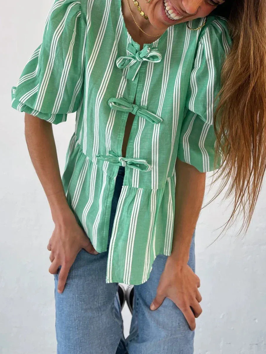 3/4 Sleeve Solid Color/Striped Retro Fashion Loose Tops Casual Blouse