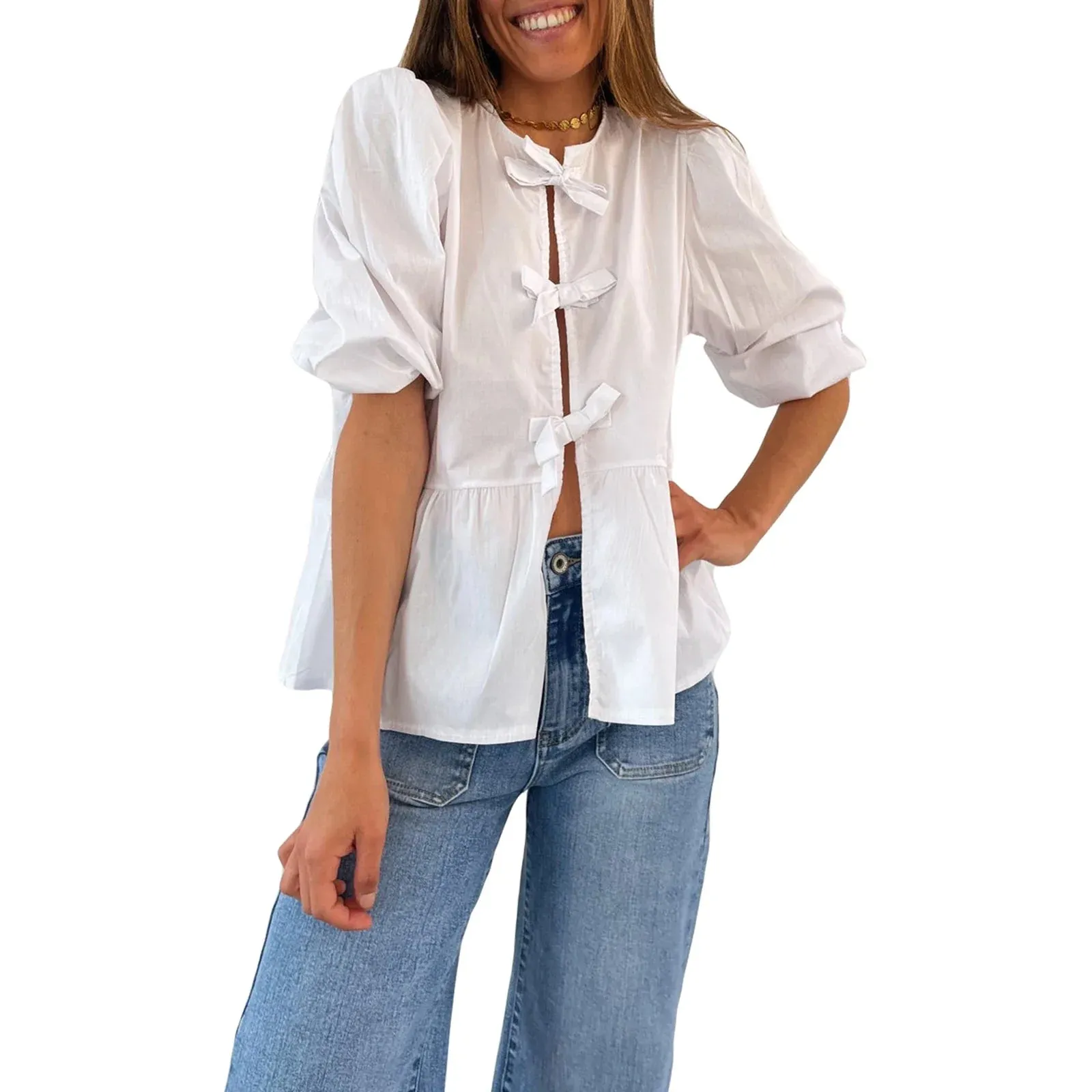 3/4 Sleeve Solid Color/Striped Retro Fashion Loose Tops Casual Blouse