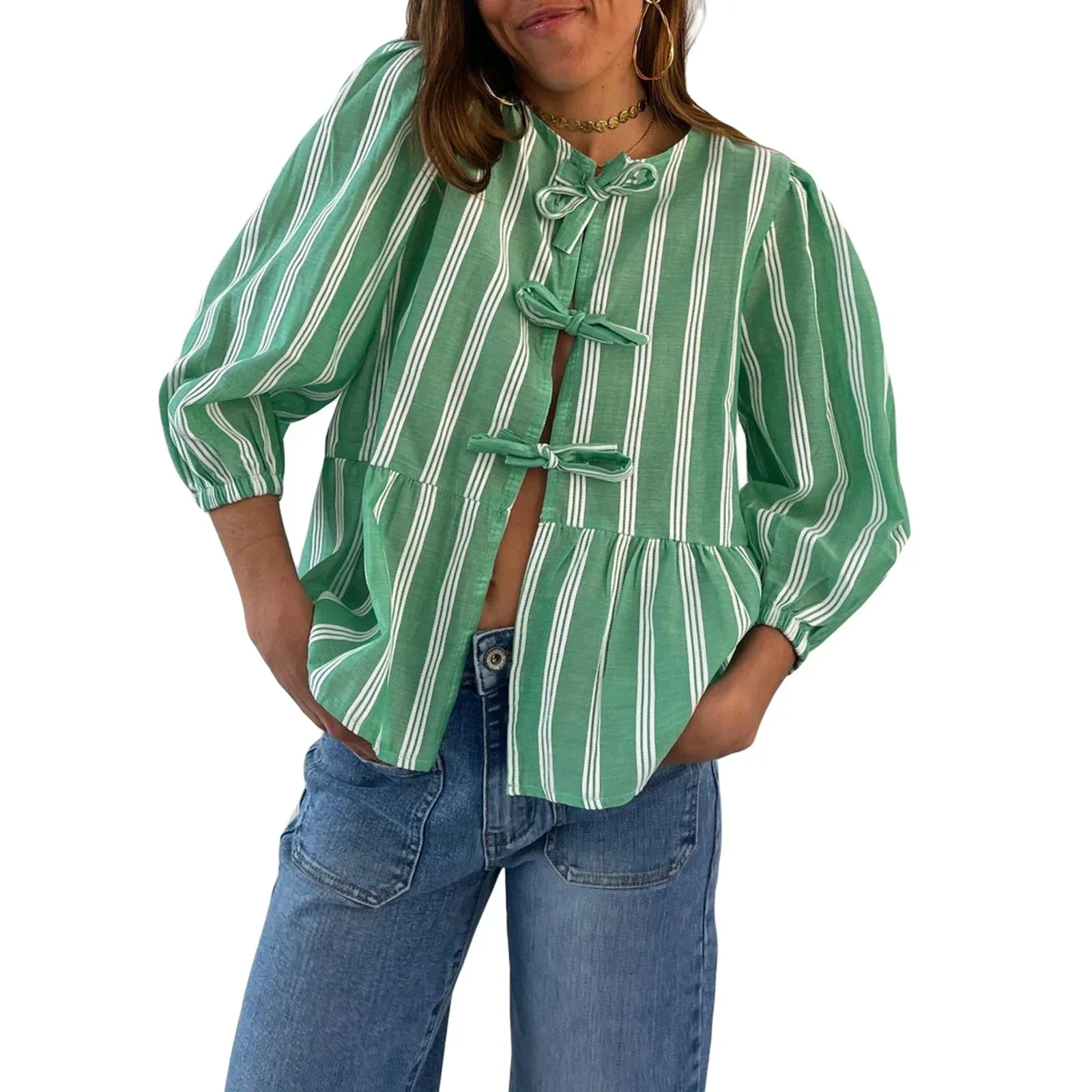 3/4 Sleeve Solid Color/Striped Retro Fashion Loose Tops Casual Blouse