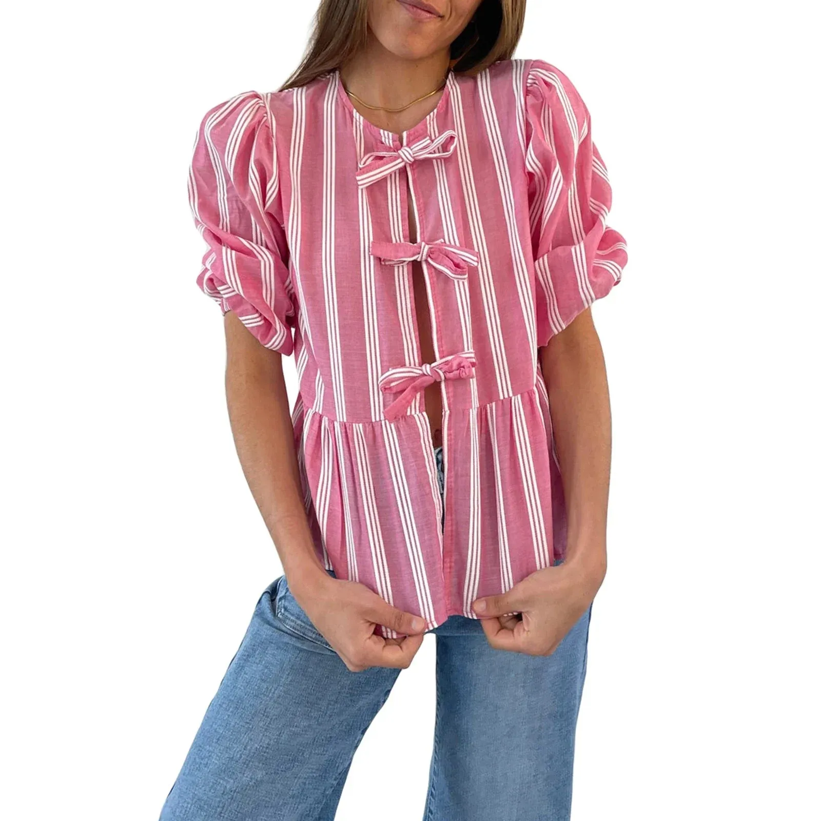 3/4 Sleeve Solid Color/Striped Retro Fashion Loose Tops Casual Blouse