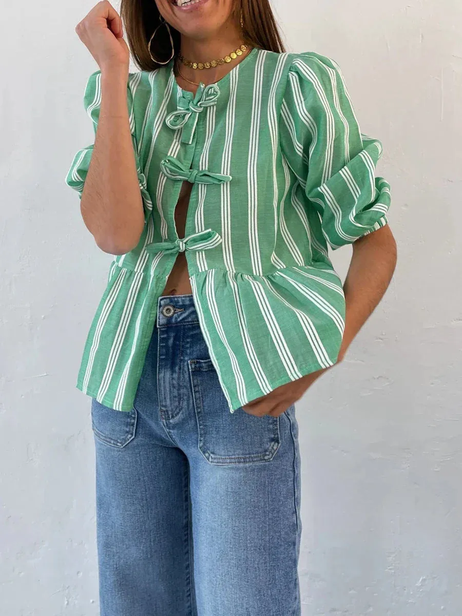 3/4 Sleeve Solid Color/Striped Retro Fashion Loose Tops Casual Blouse