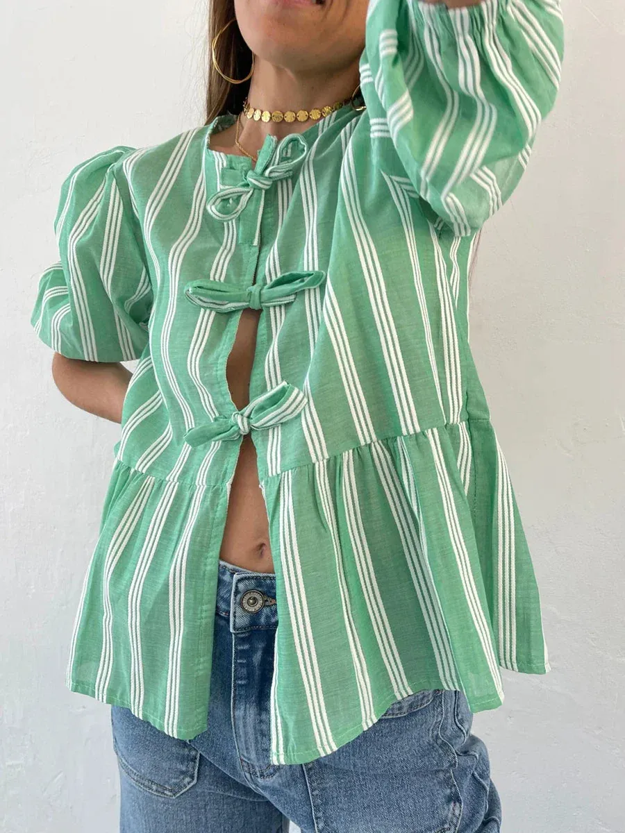 3/4 Sleeve Solid Color/Striped Retro Fashion Loose Tops Casual Blouse