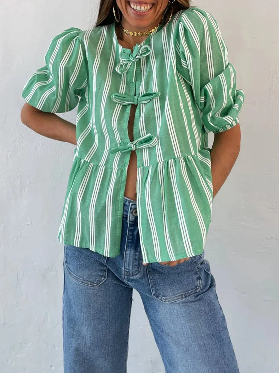 3/4 Sleeve Solid Color/Striped Retro Fashion Loose Tops Casual Blouse