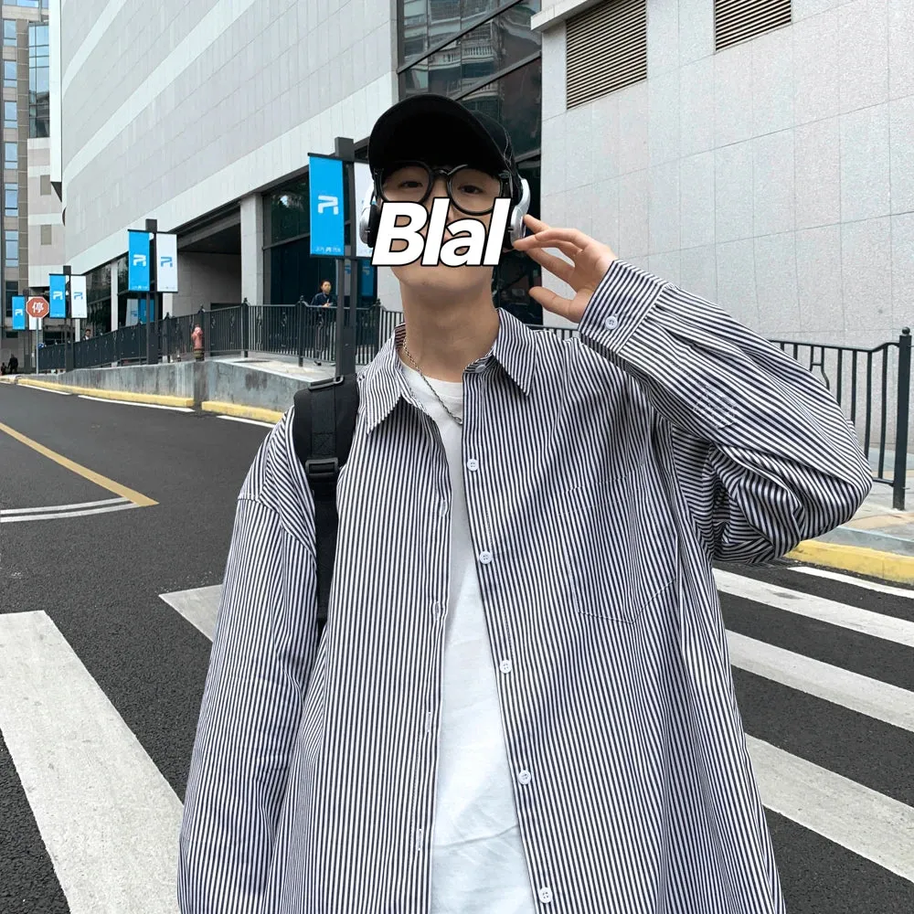 Aidase Men Korean Fashions Long Sleeve Shirts 2023 Spring Mens Striped Blue Vintage Shirt Male Cotton Button Up Blouse 5XL