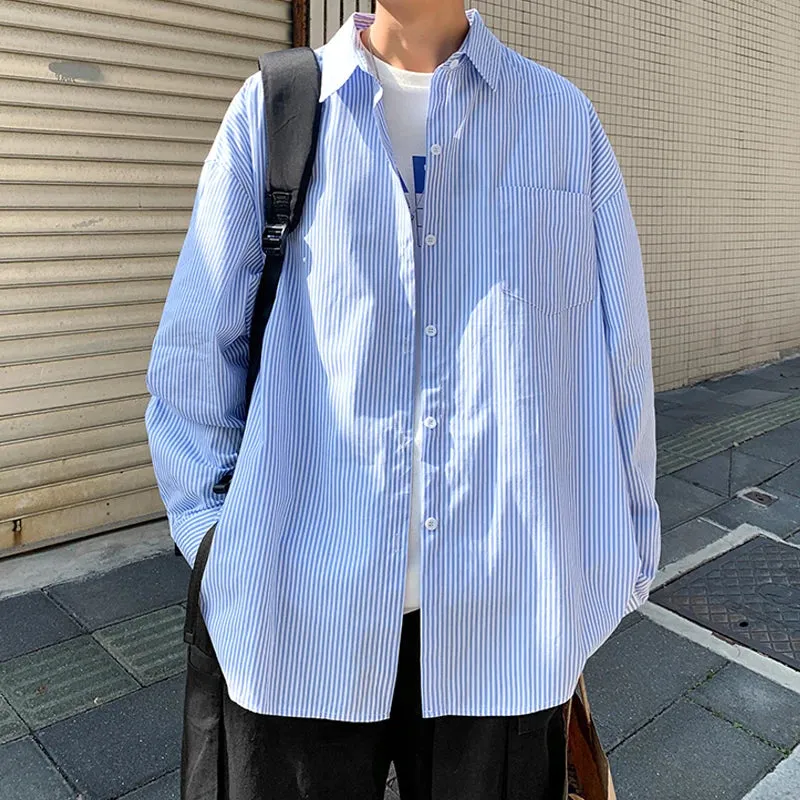 Aidase Men Korean Fashions Long Sleeve Shirts 2023 Spring Mens Striped Blue Vintage Shirt Male Cotton Button Up Blouse 5XL