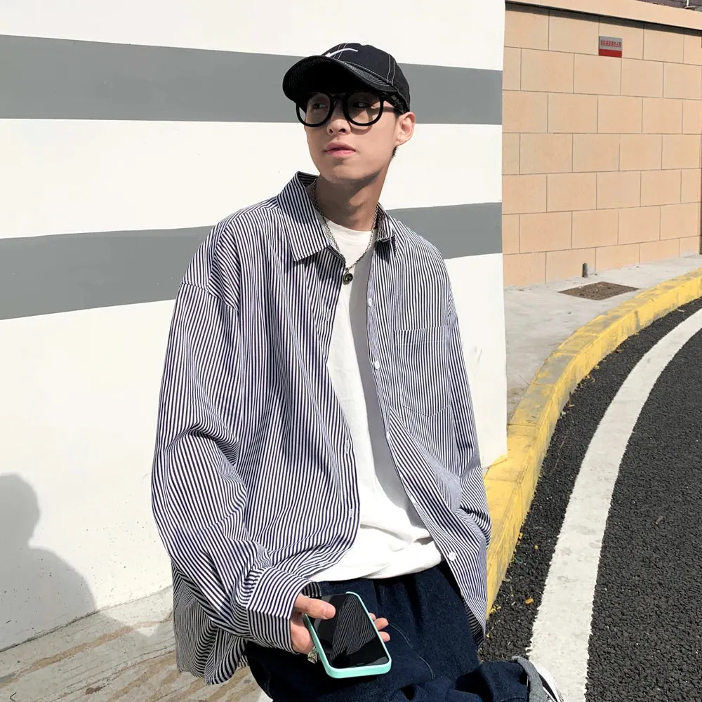 Aidase Men Korean Fashions Long Sleeve Shirts 2023 Spring Mens Striped Blue Vintage Shirt Male Cotton Button Up Blouse 5XL