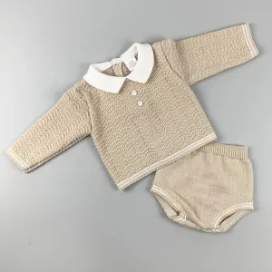 Baby Boys 2 Piece Knitted Outfit- Jam Pants and Top- Beige