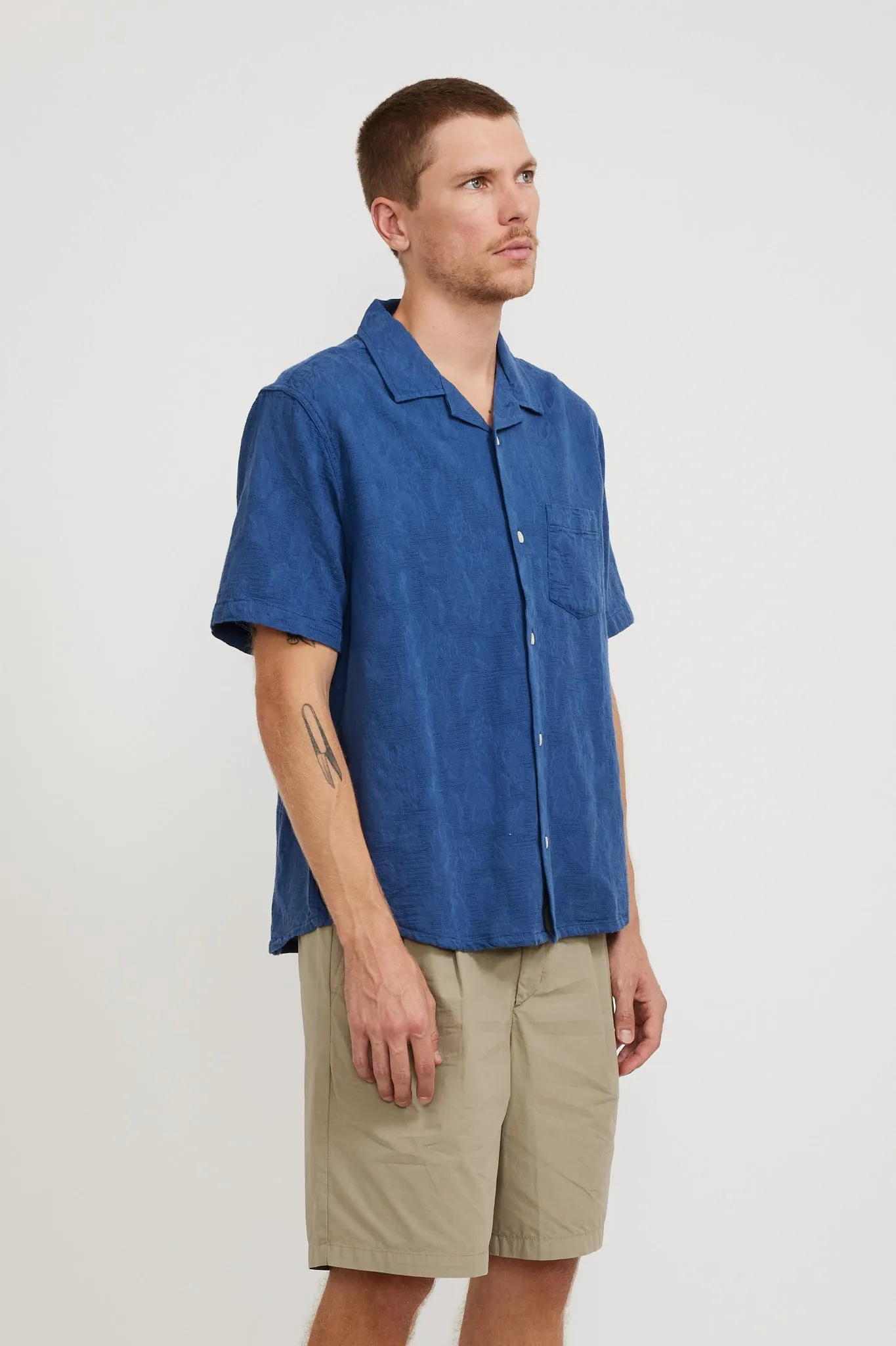 Floral Jacquard SS Camp Shirt Blue