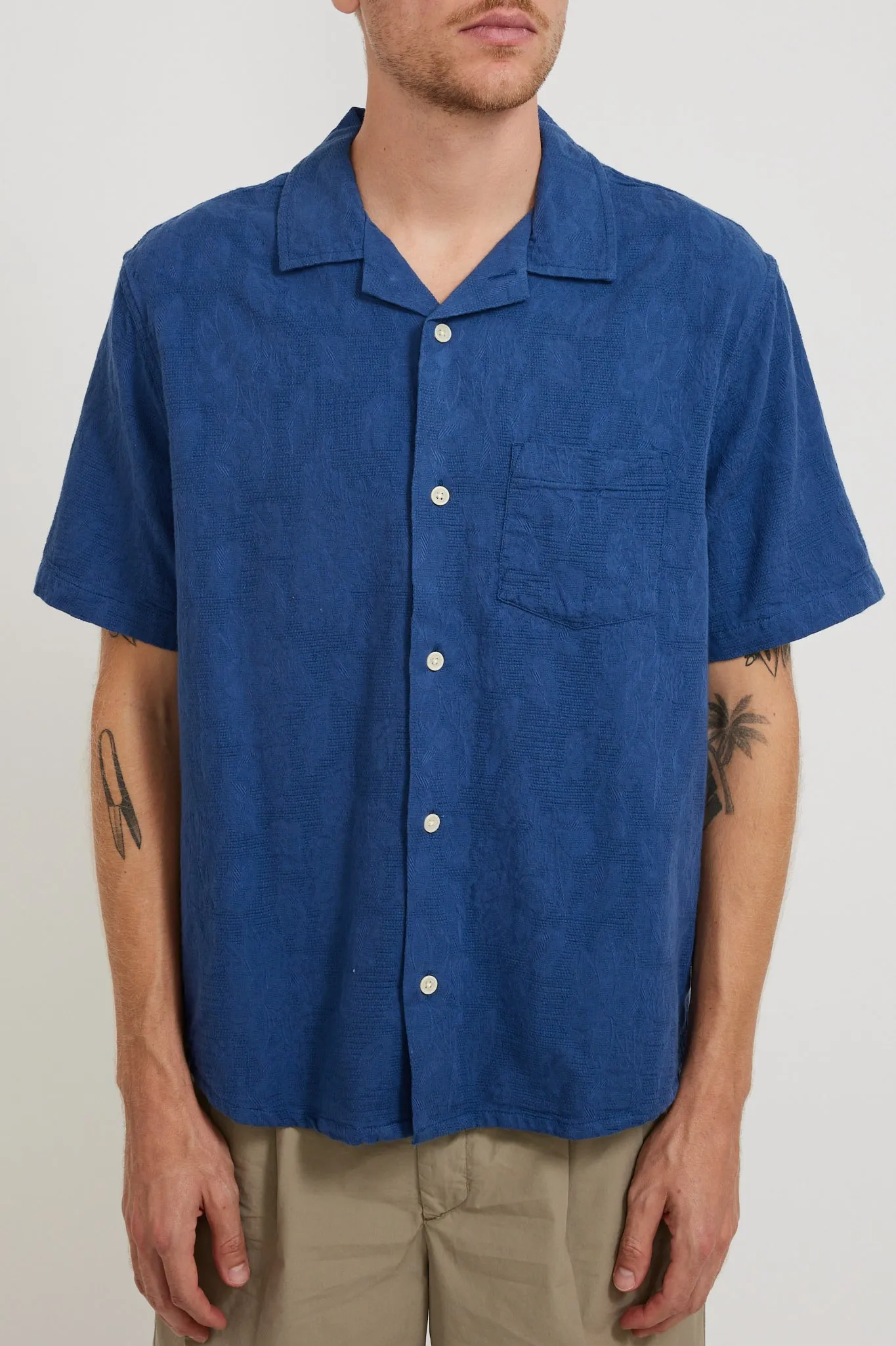 Floral Jacquard SS Camp Shirt Blue