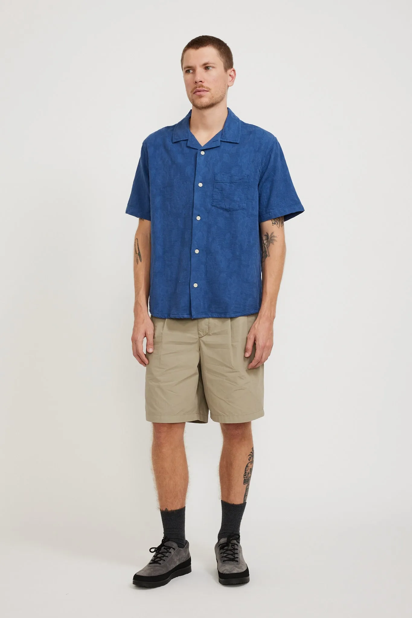 Floral Jacquard SS Camp Shirt Blue