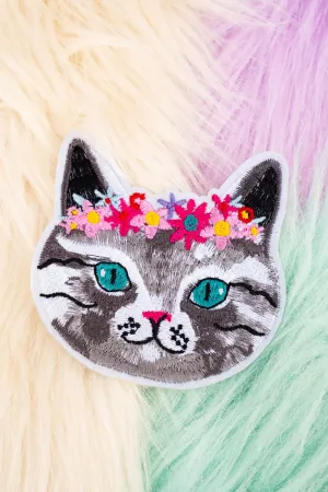 Gray Cat with Flower Wreath Embroidered Patch