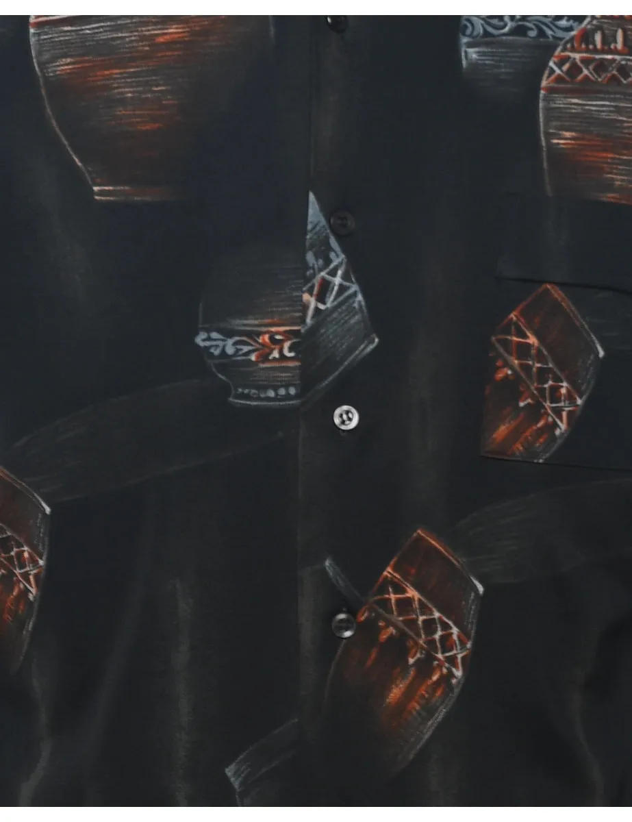 Long Sleeved Black Patterned 1970s Shirt - L