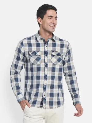 Men White Blue Checked Regular Fit Cotton Casual Shirt