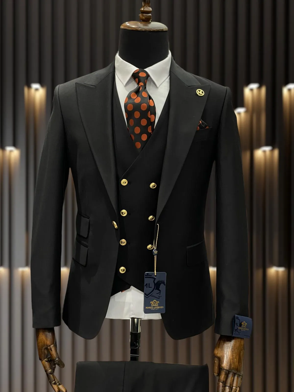 Mens One Button Peak Lapel Vested Wedding Suit with Gold buttons in White