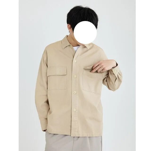 Nukty Spring Autumn Men's Blouse Turn Down Collar Long-sleeved Pocket Fashion New Casual Solid Color Personality Wear Male Shirt Top