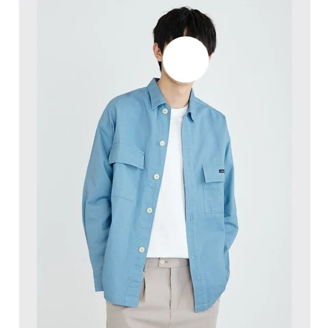 Nukty Spring Autumn Men's Blouse Turn Down Collar Long-sleeved Pocket Fashion New Casual Solid Color Personality Wear Male Shirt Top