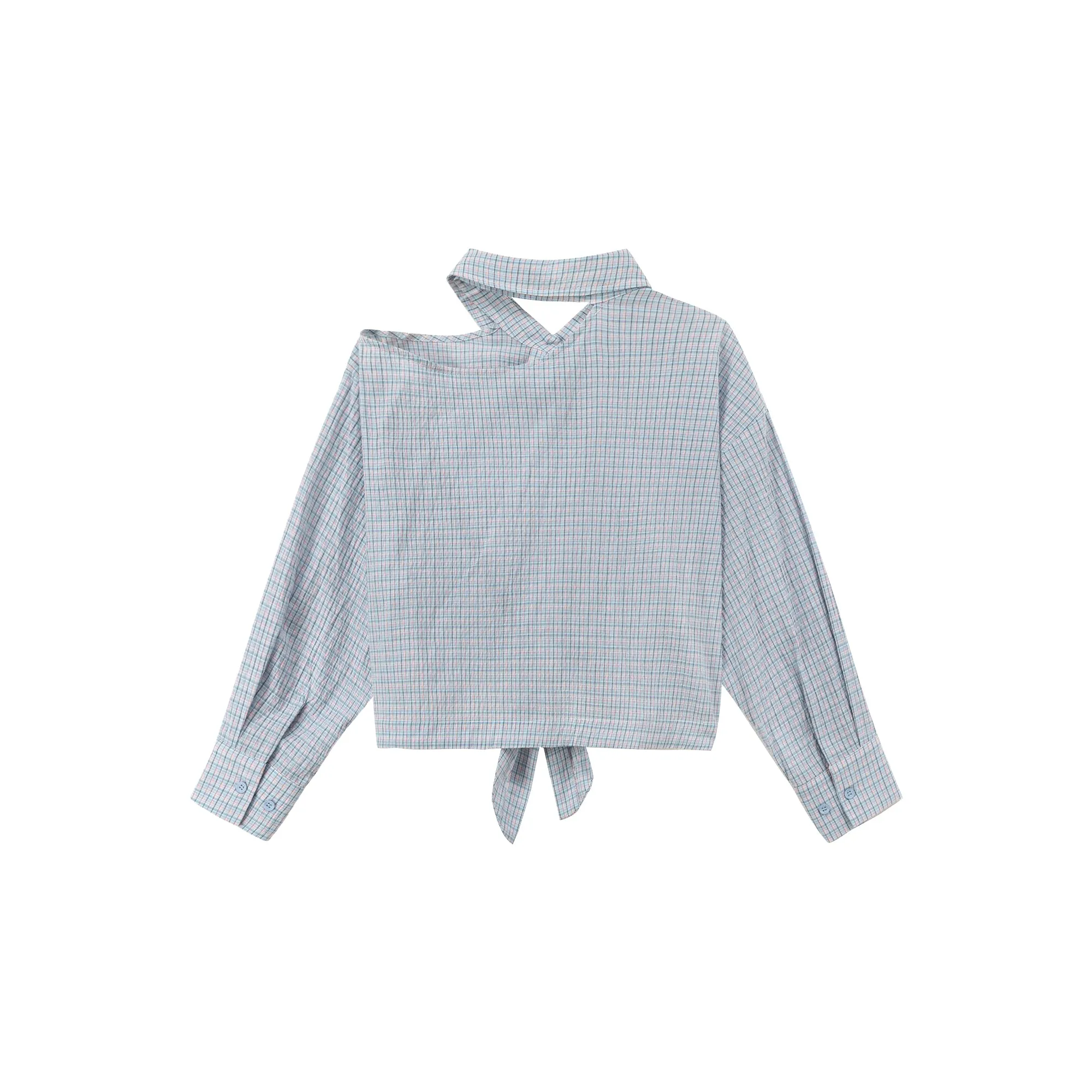 One-Shoulder Cut Out Check Tie-Up Shirt