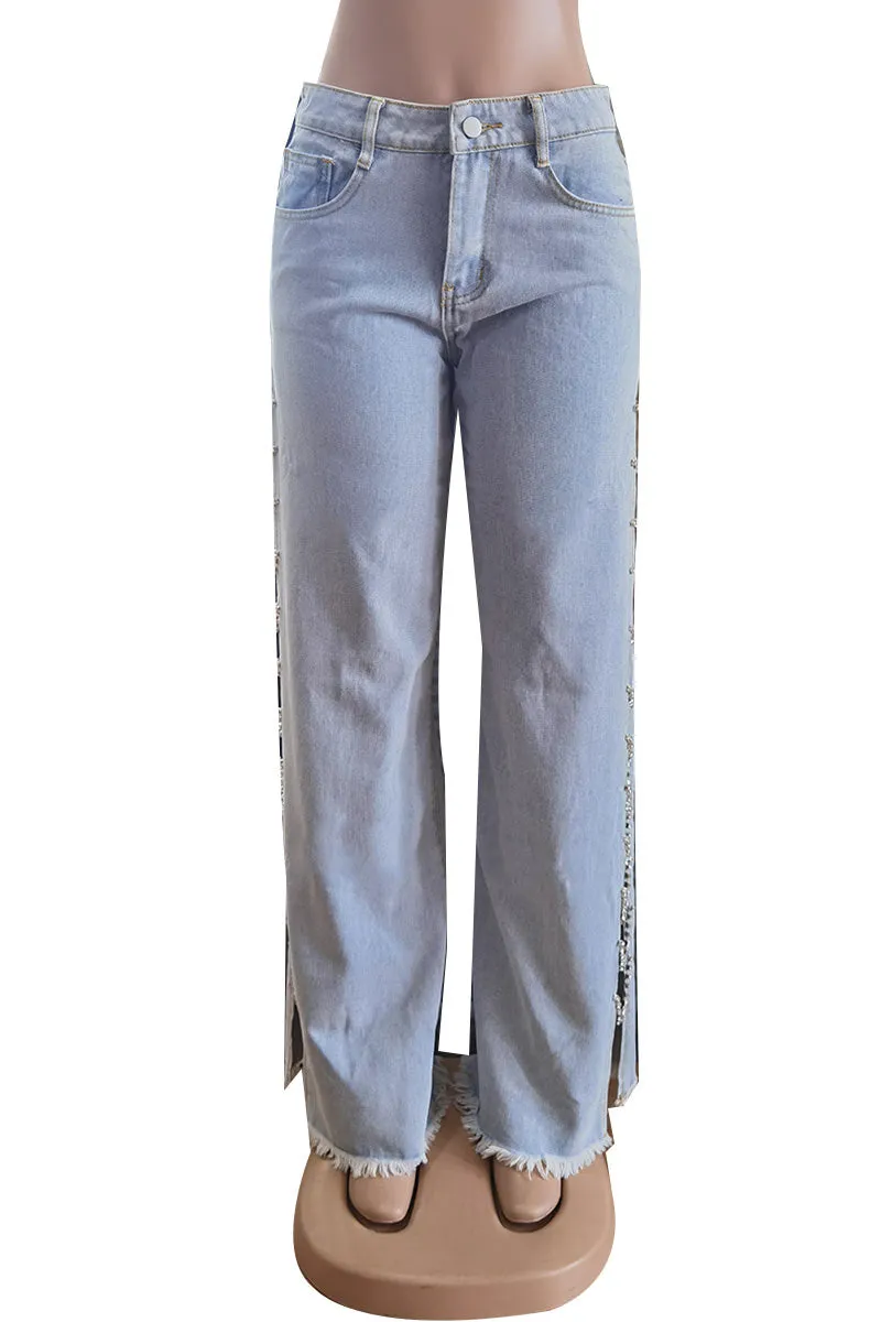 PC379 Rhinestones Wide Leg Jeans