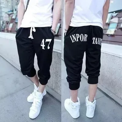 Summer Men Sporty Student Cropped Printed Baggy Pants