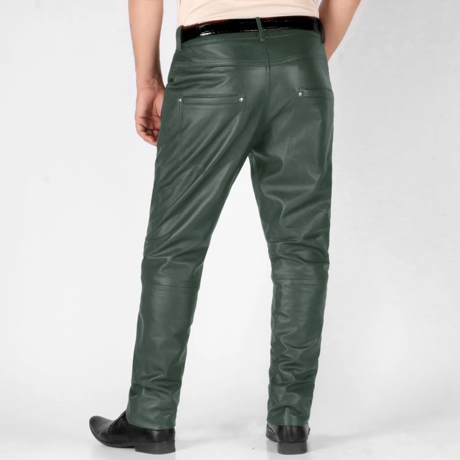 Thalor Men's Green Slim Fit Leather Pants
