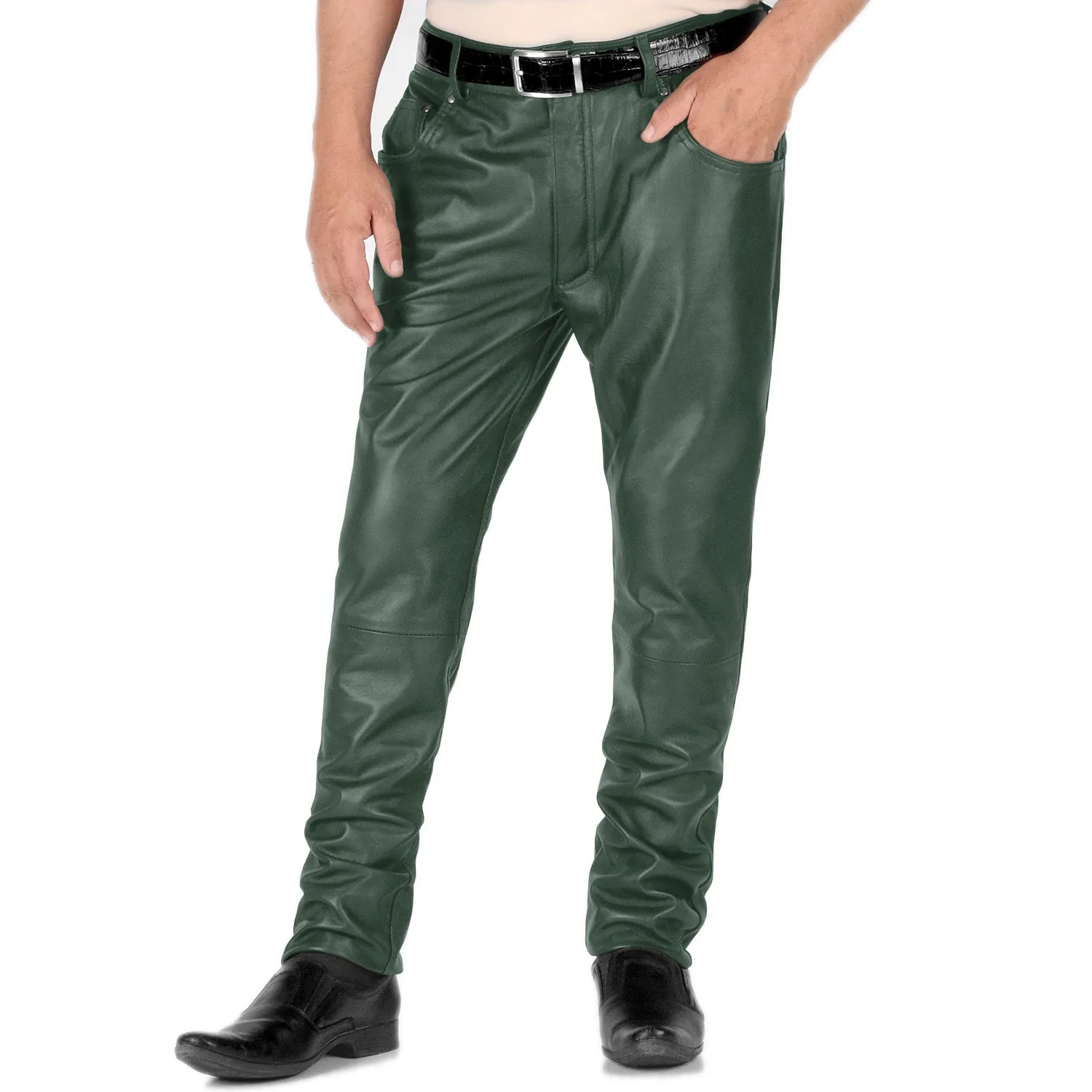 Thalor Men's Green Slim Fit Leather Pants