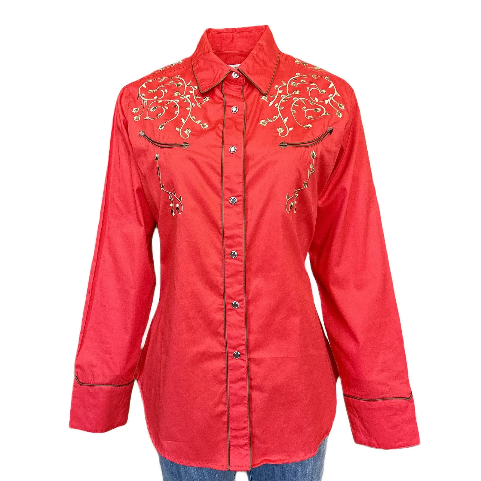 Women’s Rhinestones & Scrolls Embroidery Western Shirt in Red